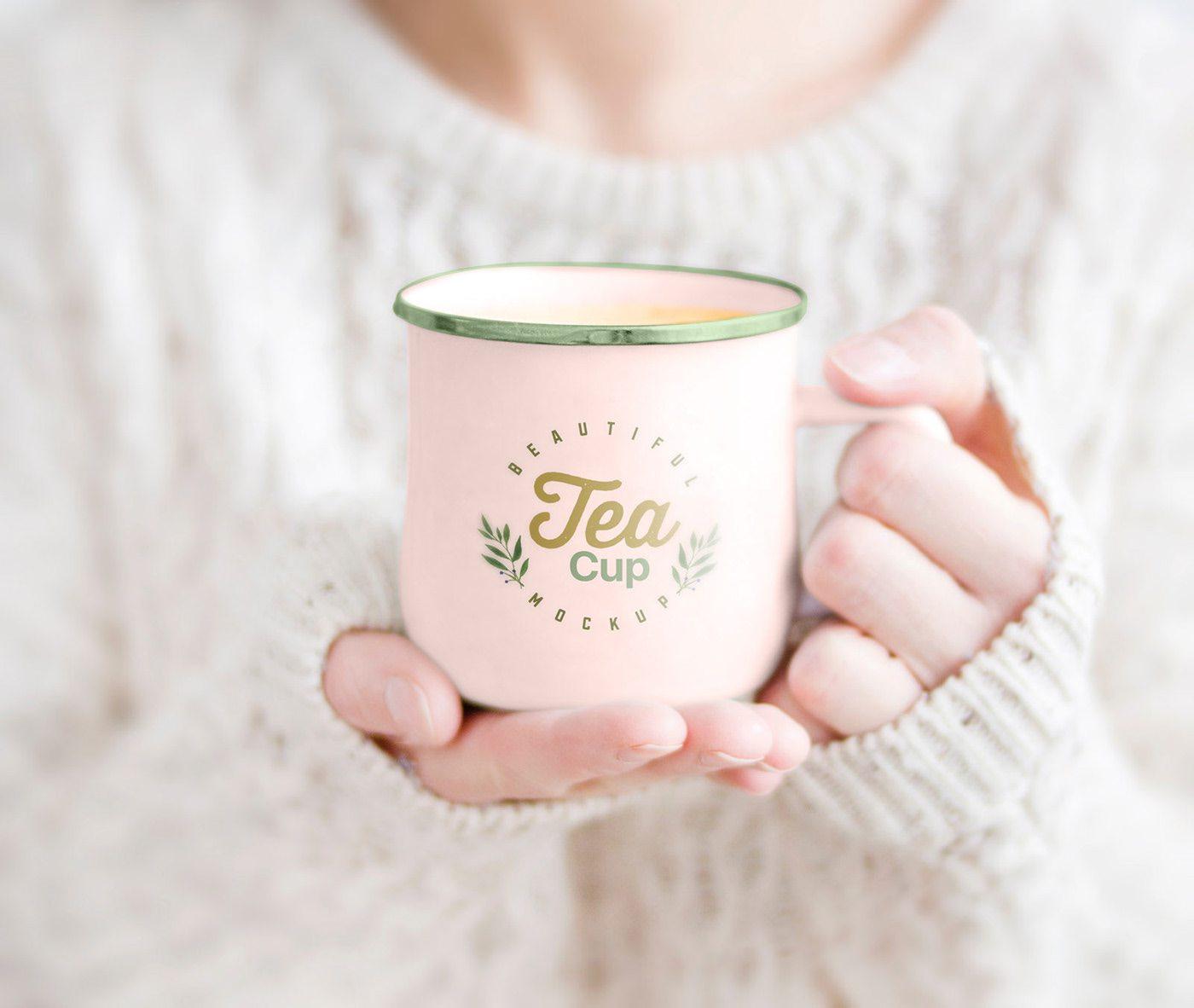 Female Holding Tea Cup Free Mockup PSD