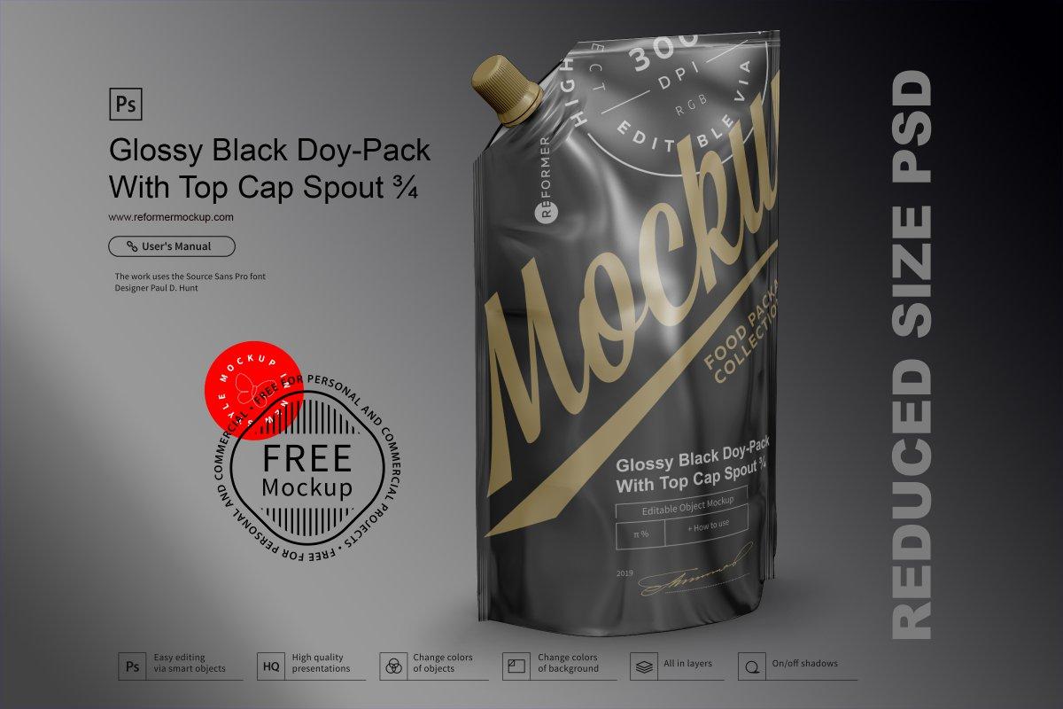 Free Mockup Glossy Black Doy-Pack With Top Cap Spout