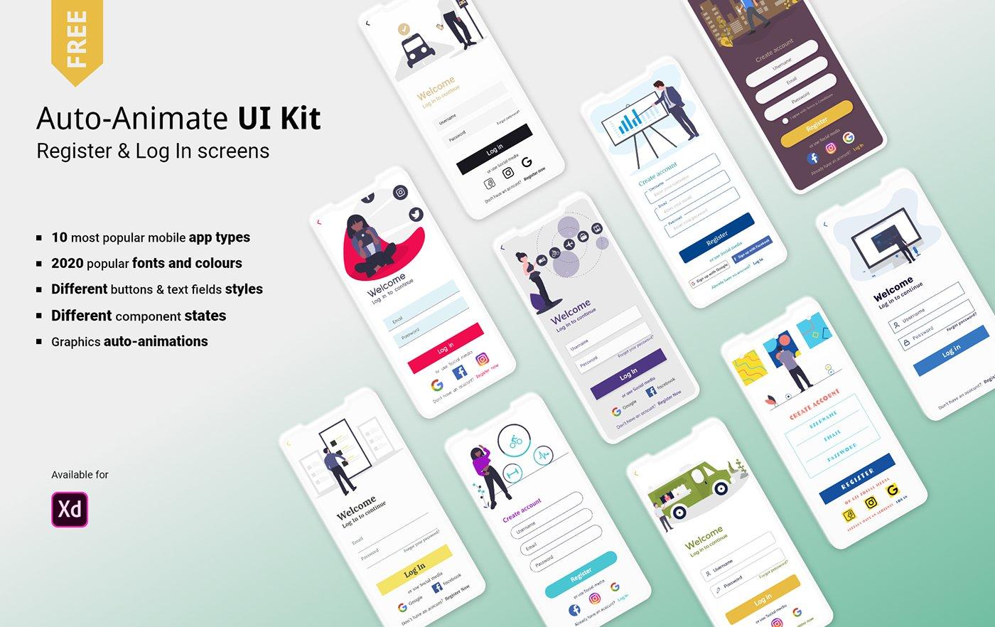 Free Auto-Animate Register & Login UI Kit for Adobe XD