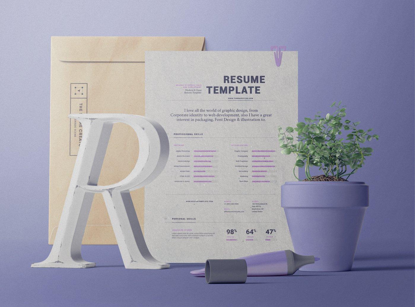 Free Mockup Resume, Envelope, Paper, Plants, Pen PSD